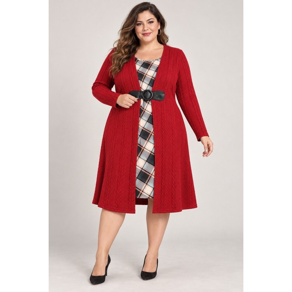 Women’s Red Cable-Knit Plaid-Inset Belted Sweater Dress Size 1XL